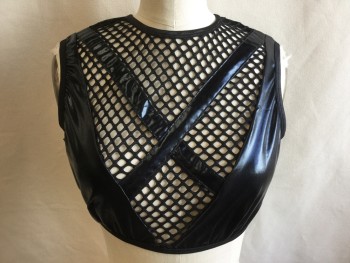 Womens, Top, MUSIC LEGS, Black, Polyester, Latex, Solid, M, Clubbing, Cropped Top, Crew Neck, Black Latex with Diamond Net & Latex "X" Design Front Center, Sleeveless, Thin Elastic Hem, Solid Latex Back, Short Zip Back,