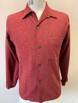 N/L, Cranberry Red, Wool, Heathered, Long Sleeves, Button Front, Collar Attached, 1 Patch Pocket, 1950's