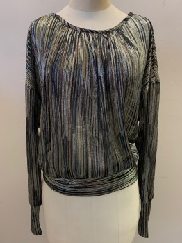 Womens, Blouse, RAMY BROOK, Silver, Red, Green, Black, Blue, Polyester, Metallic/Metal, Stripes, XS, Silver, Red, Green, Black, Blue, Light Blue Metallic Stripes, Long Sleeves, Round Neck, Drop Shoulder, Gathered Neckline, Pull Over, See Through