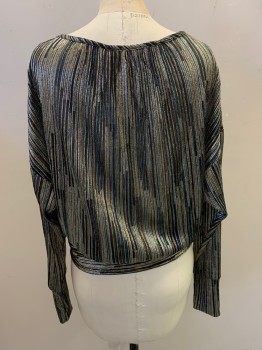 Womens, Blouse, RAMY BROOK, Silver, Red, Green, Black, Blue, Polyester, Metallic/Metal, Stripes, XS, Silver, Red, Green, Black, Blue, Light Blue Metallic Stripes, Long Sleeves, Round Neck, Drop Shoulder, Gathered Neckline, Pull Over, See Through