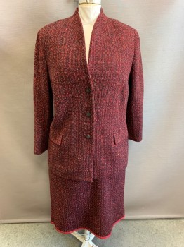 Womens, Suit, Jacket, DANA BUCHMAN, Black, Red, Yellow, Wool, Tweed, Sz. 20, B: 46, V-neck, Single Breasted, Button Front, 2 Faux Pockets