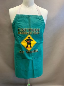 N/L, Green, Yellow, Black, Red, Cotton, Novelty Pattern, Caution Barbecue Chef at Work, 2 Pockets,