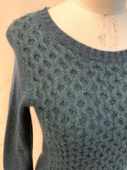 Womens, Pullover, CLUB MONACO, Dk Green, Black, Viscose, Wool, Mottled, M, Cable Knit Front, Ribbed Knit Scoop Neck, Long Sleeves, Ribbed Knit Waistband/Cuff