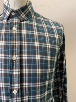 Mens, Casual Shirt, Basco, Teal Blue, Brown, White, Cotton, Wood, Plaid, M, L/S, Button Front, Collar Attached,