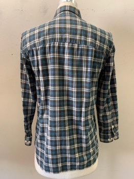 Mens, Casual Shirt, Basco, Teal Blue, Brown, White, Cotton, Wood, Plaid, M, L/S, Button Front, Collar Attached,