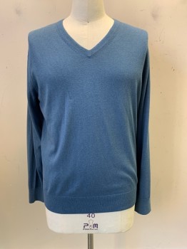 Mens, Pullover Sweater, BANANA REPUBLIC, French Blue, Silk, Cotton, Solid, L, L/S, V Neck,
