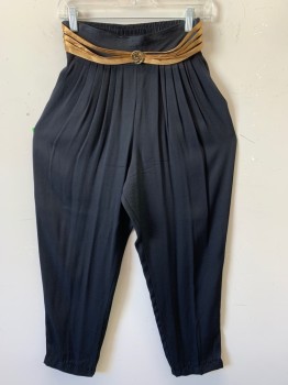Womens, Evening Pants, CHRISTINE DAVID, Black, Brown, Acetate, Rayon, Solid, 26-8, S, Pleated, 2 Slant Pocket, Elastic Waist Back with Brown Multi  Ribbon Belt with Round Gold Center Piece
