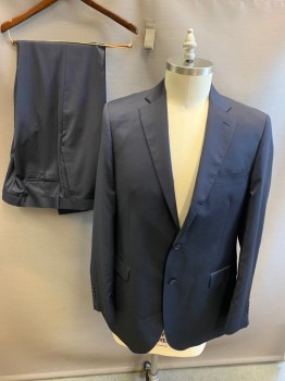 E ZEGNA, Navy Blue, Wool, Silk, Solid, Single Breasted, 2 Buttons,  Notched Lapel, Hand Picked Collar/Lapel, 2 Back Vents,