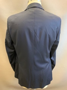 E ZEGNA, Navy Blue, Wool, Silk, Solid, Single Breasted, 2 Buttons,  Notched Lapel, Hand Picked Collar/Lapel, 2 Back Vents,