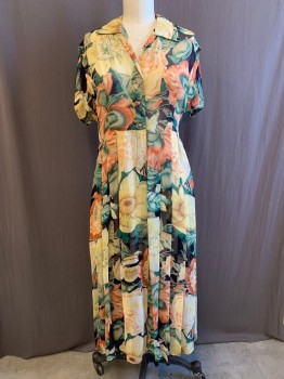 Womens, Dress, N/L, Orange, Yellow, Green, Polyester, Floral, W31, B36, C.A., V-N, S/S, 3 Clear Buttons Down Front, Sheer, Black BG
