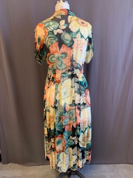 Womens, Dress, N/L, Orange, Yellow, Green, Polyester, Floral, W31, B36, C.A., V-N, S/S, 3 Clear Buttons Down Front, Sheer, Black BG
