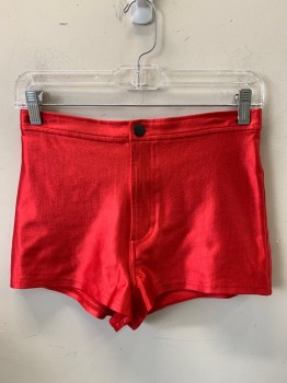 AMERICAN APPAREL, Red, Nylon, Elastane, Solid, Mini Shorts, Flat Front, Zip Front, Back Pockets