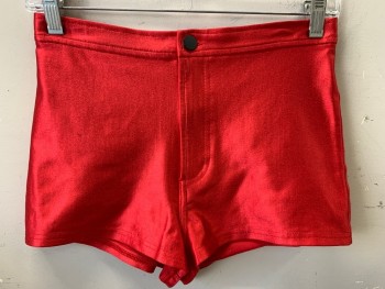 AMERICAN APPAREL, Red, Nylon, Elastane, Solid, Mini Shorts, Flat Front, Zip Front, Back Pockets