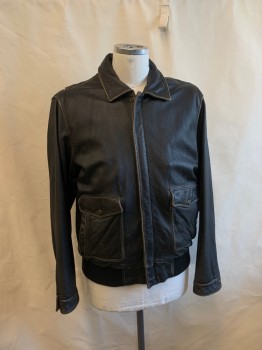 Mens, Leather Jacket, DANIER, Black, Leather, Solid, L, C.A., Zip Front, 2 Pockets, Elastic Waistband, *Aged/Distressed*