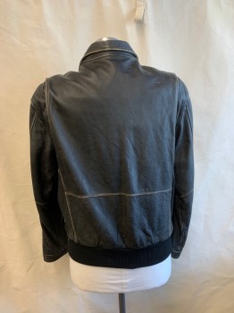 Mens, Leather Jacket, DANIER, Black, Leather, Solid, L, C.A., Zip Front, 2 Pockets, Elastic Waistband, *Aged/Distressed*