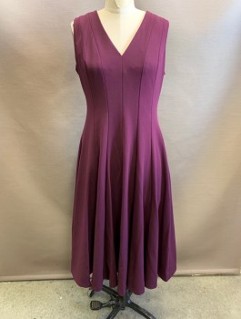 Womens, Dress, Sleeveless, CALVIN KLEIN, Aubergine Purple, Polyester, Spandex, Solid, B35, Sz.6, W28, Crepe, V-neck, Vertical Panels Throughout, A-Line, Hem Below Knee, Exposed Gold Zipper with Large Circular Pull at Center Back