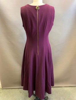 Womens, Dress, Sleeveless, CALVIN KLEIN, Aubergine Purple, Polyester, Spandex, Solid, B35, Sz.6, W28, Crepe, V-neck, Vertical Panels Throughout, A-Line, Hem Below Knee, Exposed Gold Zipper with Large Circular Pull at Center Back
