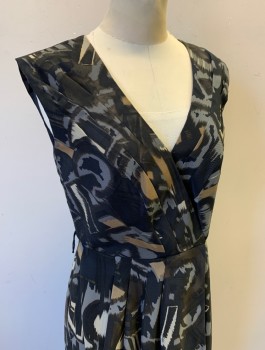 Womens, Dress, Sleeveless, ALYX, Black, Gray, Brown, Ecru, Polyester, Spandex, Abstract , Sz.4, Surplice V-neck, Seams Along Neckline That Become Pleats at Shoulders, Wrapped Front, Knee Length, Belt Loops (But No Belt), Invisible Zipper in Back