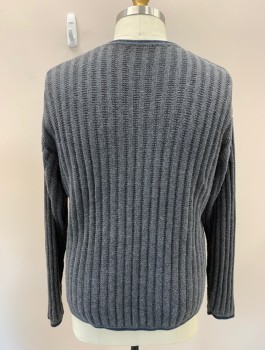 Mens, Sweater, N/L, Gray, Navy Blue, Cotton, Solid, XL, C:48, Pull On, V-N, L/S, Wide Rib Knit, Contrast Trim At Neck/cuff/hem