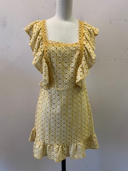 Womens, Dress, Short Sleeve, TOP SHOP, Yellow, White, Polyester, Cotton, Floral, 4, Square Neck, Circle Trim, Eyelet Lace, Ruffle Sleeves and Sides, Keyhole Back, Elastic Waistband, Tie at Back By Keyhole, Ruffle Hem,