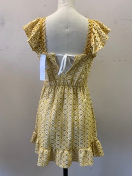 Womens, Dress, Short Sleeve, TOP SHOP, Yellow, White, Polyester, Cotton, Floral, 4, Square Neck, Circle Trim, Eyelet Lace, Ruffle Sleeves and Sides, Keyhole Back, Elastic Waistband, Tie at Back By Keyhole, Ruffle Hem,