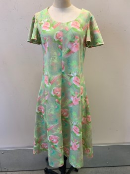 Womens, Dress, NO LABEL, Lt Green, Pink, Turquoise Blue, Polyester, Floral, W30, B34, S/S, Scoop Neck, Pullover, Vertical Seams