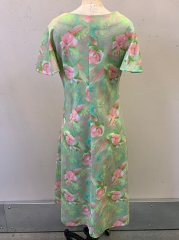 NO LABEL, Lt Green, Pink, Turquoise Blue, Polyester, Floral, S/S, Scoop Neck, Pullover, Vertical Seams