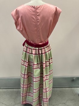 Womens, Evening Gown, N/L , Rose Pink, Silk, Rayon, Plaid, W28, B40, Jewel Neck Line, Cap Sleeves, With Epaulets  At Shoulder, CF Darts, Lt Pink,/Mauve,/White /& Lt  Green, Plaid At Skirt , Taffeta Fabric,   Attached Belt  Velvet Pink Bow,
