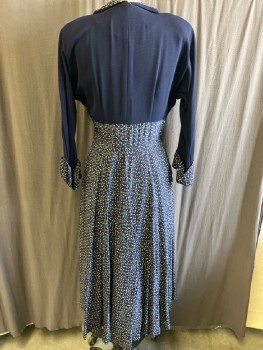 Womens, Dress, N/L, Navy Blue, Rayon, Solid, Print, W28, B36, Star And Hooka Pink, White And Green Print Are, Shawl Collar/Cuffs/Skirt /Butns, CF Placket,, Side Seam Pckt,s