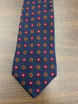 Mens, Tie, CAROOL AND COMPANY, Navy Blue, Red Burgundy, Mustard Yellow, White, Silk, Circles