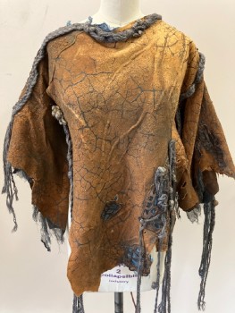 Womens, Sci-Fi/Fantasy Top, N/L, Brown, Lt Brown, Gray, Leather, O/S, Aged , Wide Boat Neck, Crackle Pattern, Braided Rope With Wooden & Silver Beads , Lace Up Back, Velcro Closing Side , Grey & Blue Gauze. Open Work, 3/4 Sleeves