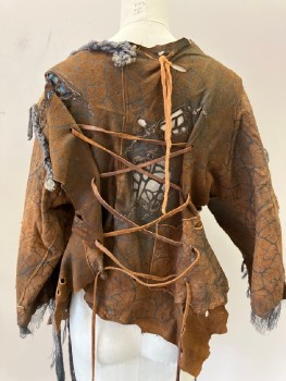 N/L, Brown, Lt Brown, Gray, Leather, Aged , Wide Boat Neck, Crackle Pattern, Braided Rope With Wooden & Silver Beads , Lace Up Back, Velcro Closing Side , Grey & Blue Gauze. Open Work, 3/4 Sleeves