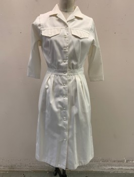 Womens, Nurses Dress, WHITE SWAN, Off White, Poly/Cotton, Solid, W:28, B:34, Twill, 3/4 Sleeves, Button Front, Notched Collar Attached, Elastic Waist in Back, 2 Faux Pocket Flaps at Chest, 2 Side Pockets at Hips, Knee Length, 70's/80's