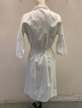 WHITE SWAN, Off White, Poly/Cotton, Solid, Twill, 3/4 Sleeves, Button Front, Notched Collar Attached, Elastic Waist in Back, 2 Faux Pocket Flaps at Chest, 2 Side Pockets at Hips, Knee Length, 70's/80's