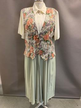 BETSY'S THINGS, Ivory White, Sage Green, Pink, Acetate, Rayon, Color Blocking, C.A., 1/2 B.F., S/S, Faux Floral Vest, Hem Below Knee
