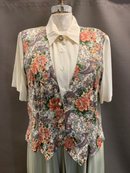 BETSY'S THINGS, Ivory White, Sage Green, Pink, Acetate, Rayon, Color Blocking, C.A., 1/2 B.F., S/S, Faux Floral Vest, Hem Below Knee