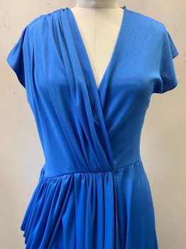 CIMAX, Blue, Polyester, Solid, S/S, V Neck, Crossover, Pleated, Side Drape,