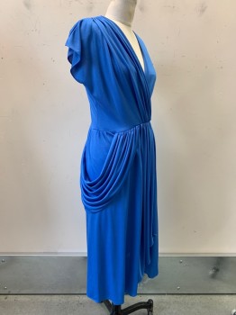 CIMAX, Blue, Polyester, Solid, S/S, V Neck, Crossover, Pleated, Side Drape,