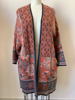 Womens, Sweater, PERUVIAN CONNECTION, Coral Pink, Salmon Pink, Lt Blue, Faded Black, Beige, Cotton, Floral, Native American/Southwestern , XS/S, L/S, Open Front,