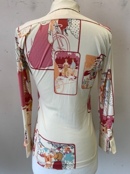 Mens, Shirt, Mrtini, Cream, Red, Pink, Orange, Nylon, Abstract , S, L/S, Button Front, C.A., Chest Pocket