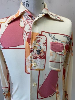 Mrtini, Cream, Red, Pink, Orange, Nylon, Abstract , L/S, Button Front, C.A., Chest Pocket