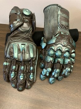 Mens, Sci-Fi/Fantasy Piece 7, MTO, Brown, Iridescent Green, Leather, Plastic, Geometric, L-XXL, R- XL, GLOVES: Lined Leather, Mismatched Details