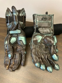 Mens, Sci-Fi/Fantasy Piece 7, MTO, Brown, Iridescent Green, Leather, Plastic, Geometric, L-XXL, R- XL, GLOVES: Lined Leather, Mismatched Details