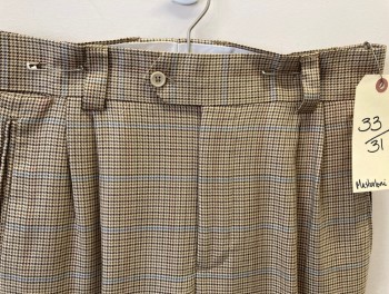 MASTERLONI, Beige, Brown, Black, Blue, Olive Green, Wool, Houndstooth, Pleated, 2 Welt Pockets, 2 Button Flap Pockets In Back