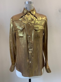 NO LABEL, Gold Metallic, Polyester, Lurex, Solid, L/S, Snap Button Front, Collar Attached, Chest Pockets, Western Yoke, Multiples