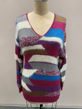 NANNELL, Khaki Brown, Gray, White, Blue, Magenta Pink, Rayon, Acrylic, Stripes, Color Blocking, Knit, V-N, L/S