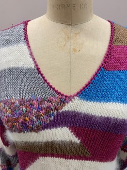 Womens, Sweater, NANNELL, Khaki Brown, Gray, White, Blue, Magenta Pink, Rayon, Acrylic, Stripes, Color Blocking, B: 34, Knit, V-N, L/S