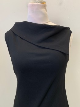 HELMUT LANG, Black, Wool, Polyester, Solid, Asymmetrical, Above Knee, Fold Over Geometrical Square Pointed Flap Collar, Around Neckline Front and Back, Stretchy No Zipper