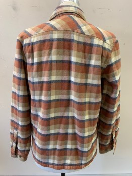 Mens, Casual Shirt, PATAGONIA, Rust Orange, Tan Brown, Cream, Gray, Cotton, Nylon, Plaid, M, L/S, Button Front, C.A., 2 Flap Pocket, 2 Hip Pocket, Shirt Jacket With Quilted Lining, Flannel