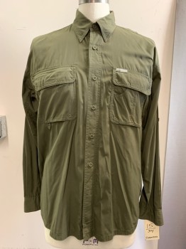 Mens, Casual Shirt, COLUMBIA, Olive Green, Nylon, Solid, L, Ripstop, L/S, Button Front, C.A., 2 Flap Pocket, Back Vent